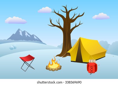 Camping meadow winter landscape day tent campfire tree illustration vector