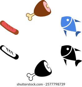 camping meat ,fish and sausage vector set