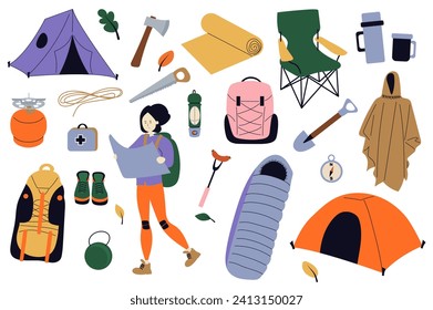 Camping mega set in flat design. Bundle elements of tent, axe, mat, thermos, woman tourist with map, travel backpack, hiking boots, sleeping bag, other. Vector illustration isolated graphic objects