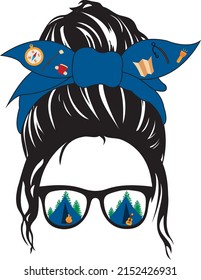 Camping messy bun Svg vector Illustration isolated on white background. Camping life decoration print. Sunglasses with forest and camping tent. Summer vacation shirt design with camping elements.  svg