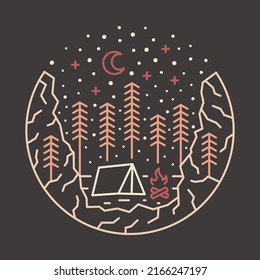 Camping in middle forest at night graphic illustration vector art t-shirt design