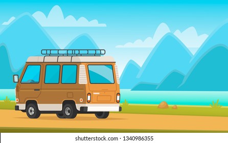 Camping. Minivan on a background of mountain scenery and the lake. A trip to nature. Vector illustration in cartoon style