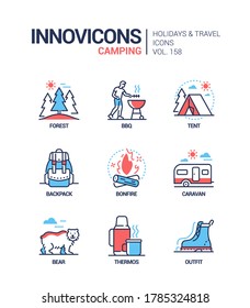 Camping - modern line design style icons set. Seasonal activity concept. Leisure, summer tour and recreation idea. Forest, BBQ, tent, backpack, bonfire, caravan, bear, thermos, outfit images