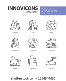 Camping - modern line design style icons set. Seasonal activity concept. Leisure, summer tour and recreation idea. Forest, BBQ, tent, backpack, bonfire, caravan, bear, thermos, outfit images