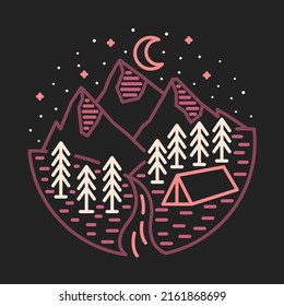 Camping mono line at night graphic illustration vector art t-shirt design