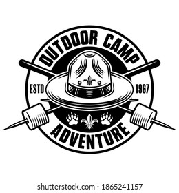 Camping Monochrome Vector Emblem, Badge, Label Or Logo In Vintage Style With Boy Scout Hat And Two Crossed Marshmallow On Sticks