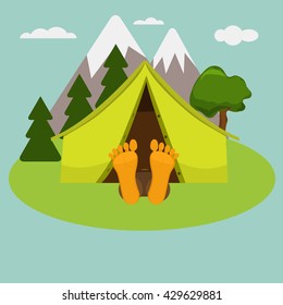 Camping morning. Man is sleeping in a tent. Summer landscape nature with mountain and trees. Legs are out of tent. Weekend in a tent.