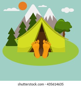 Camping morning. Man is sleeping in a tent. Summer landscape nature with mountain and trees. Legs are out of tent. Weekend in a tent.