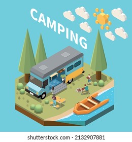 Camping and motor home concept with vacation symbols isometric vector illustration