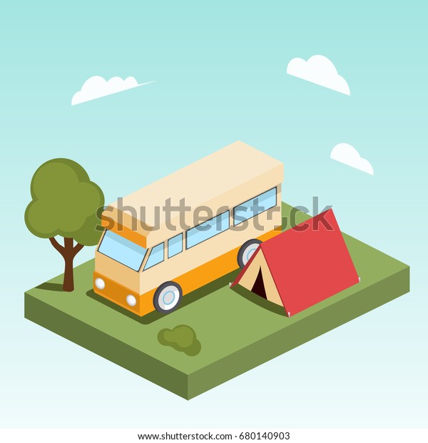 Camping motor home isometric style colorful\
vector illustration