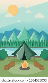 Camping and mountain activity on flat vector illustration with camp fire and log woods. Outdoor activity.