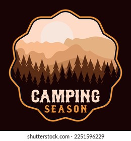 Camping Mountain Adventure Emblem Patch Logo Poster Label Vector Illustration Retro Vintage Badge Sticker And T-shirt Design