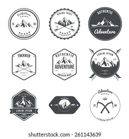 Camping mountain adventure hiking explorer equipment labels set isolated vector