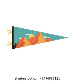 Diseño de bandera de banderín de aventura de montaña de camping. Gráficos de senderismo. Obra de arte colgante de montañas. Ilustración vectorial de stock.