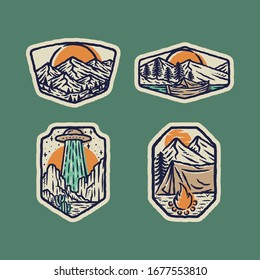 Camping mountain alien nature wild badge patch pin graphic illustration vector art t-shirt design