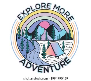 Camping at the mountain artwork. Camp beside river print design. Outdoors vector illustration for apparel and others.   