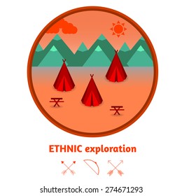 Camping mountain background, with wigwams, flat design.