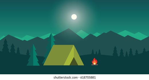 Camping And Mountain Camp. Vector Flat Cartoon Camping Illustration For Web Banners Or Promotional Materials 