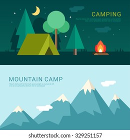 Camping and Mountain Camp. Vector Illustration in Flat Design Style for Web Banners or Promotional Materials