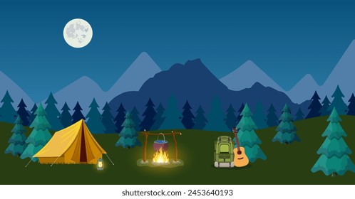 Camping y Mountain Camp. para Anuncios de Web o Materiales promocionales. Ilustración vectorial en estilo plano