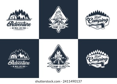 Camping mountain or climbing and hiking, outdoor wild adventure emblems set