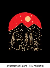 camping and mountain design in mono line art