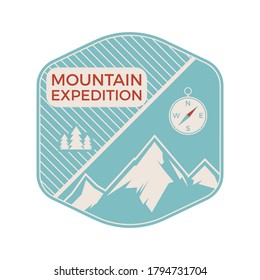 Camping mountain expedition logo emblem illustration design. Outdoor adventure label with mountains, compass and text. Unusual linear hipster sticker. Stock vector.