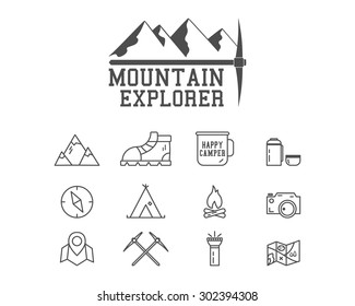 Camping mountain explorer camp badge, logo template. Travel, hiking, climbing line icons. Thin and outline design. Outdoor. Best for adventure sites, travel magazine etc. On white background. Vector