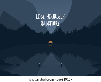 Camping at the mountain lake vector illustration. Symbol of freedom, adventure, vacation, tourism, hiking in the wild nature. Eps10 vector illustration.