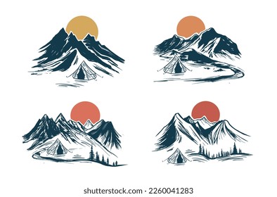 Camping, Mountain landscape, sketch style, vector illustrations.	