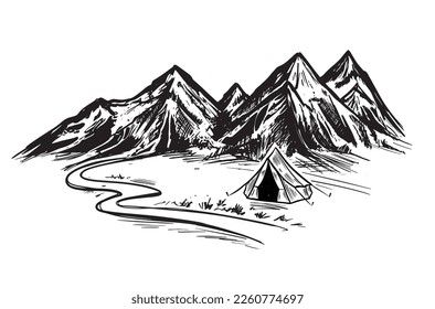 Camping, Mountain landscape, sketch style, vector illustrations.	
