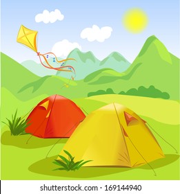 camping and mountain landscape. vector illustration