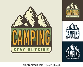 camping of mountain and rock patch or emblem for outdoor travel expedition or t-shirt print. Colored set