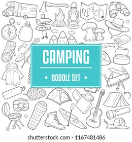 Camping Mountain Traditional Doodle Icons Sketch Hand Made Design Vector