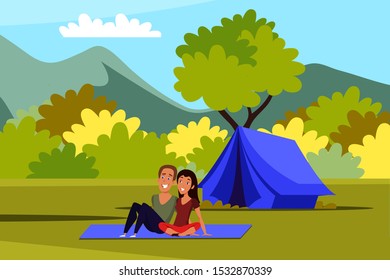 Camping in mountain vector illustration. Couple in love sitting on mat flat characters. Romantic atmosphere, beautiful view, landscape concept. Summer recreation, holiday in tents idea