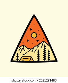 Camping y vector de montaña para el diseño de camisetas, diseño de tee , diseño de placa de emblema de parche