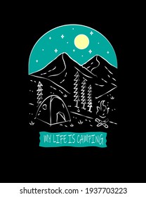 camping and mountain views on the night with many stars in mono line art vector, badge illustration, tee design, T-Shirt Design