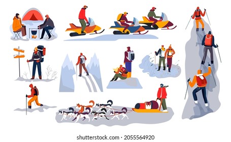 Camping And Mountaineering, Climbing And Hiking, Using Jet Ski And Sled. Winter Sports And Extreme Hobbies Of People. Explorers And Travelers With Equipment. Vector In Flat Style Illustration
