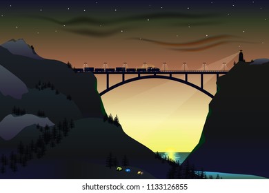 Camping in the mountains. Arch bridge with a train and lighthouse on the background.