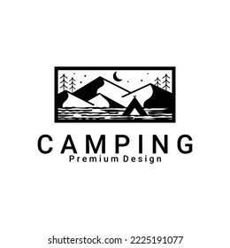Camping and mountains badge logo design vector illustration at night