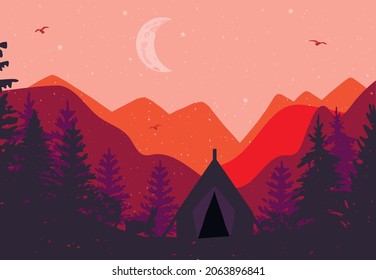 camping in the mountains. bunny and tent in the forest against the background of mountains. orange landscape. vector. eps	