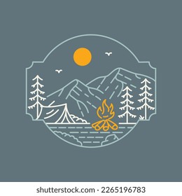 Camping in the Mountains with Campfire Monoline Design Illustration for Apparel