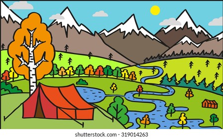 Camping in the mountains. Doodle. Isolated