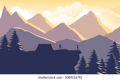 Camping in the mountains and forests In the morning or evening. Spring landscape background with tents. Travel, vacation, camping.