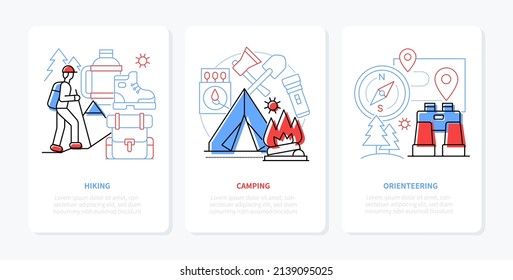 Camping in the mountains - line design style banners set with editable stroke and place for text. Outdoor activities, orienteering, compass, tent, bonfire, hiking, travelling, forest adventure idea