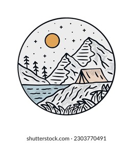 camping in mountains nature wildlife design for badge, sticker, t shirt design