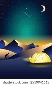 Camping in the mountains at night with a tent.