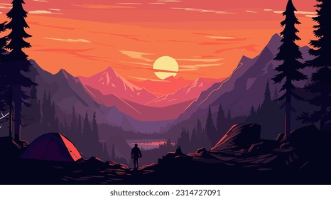 camping in the mountains. sunset scene. vector illustration
