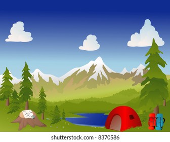 Camping in the mountains with a tent, backpacks, compass and map
