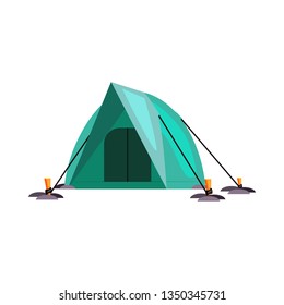 Camping in mountains. Tent, dome, shelter, canvas. Vector illustration can be used for topics like outdoor tourism, climbing, alpinism, rocky mountains